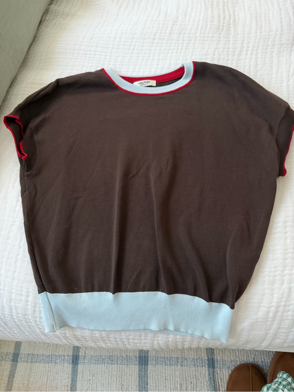 TOMORROWLAND Brown Knit Top with Light Blue Hem & Red Trim